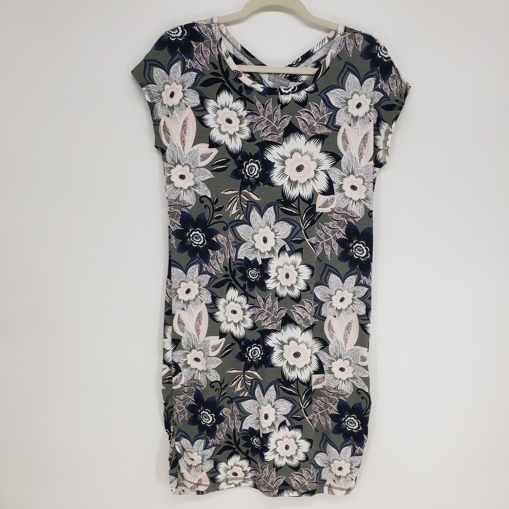 T by Talbots Floral Ruched Shift Dress Women Small Olive Green Stretch Active - Picture 3 of 10